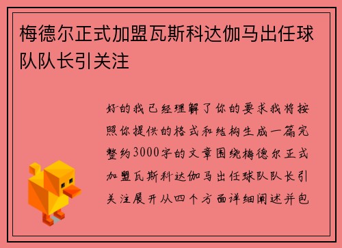 梅德尔正式加盟瓦斯科达伽马出任球队队长引关注